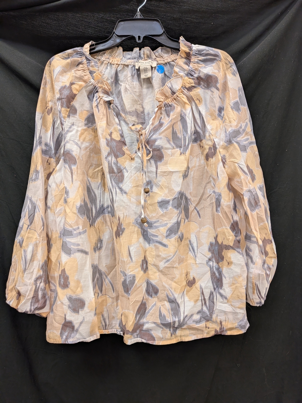 Martha Stewart Beige and Gray Floral Ruffle Tie-Neck Blouse